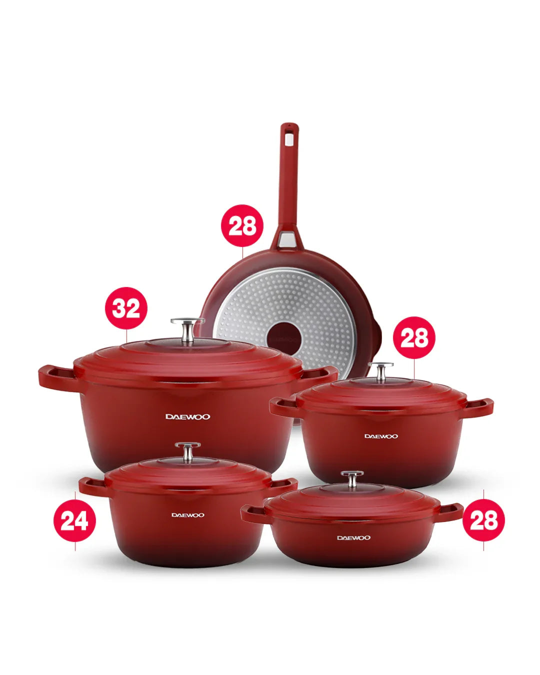 Daewoo Cast Aluminum 9-Piece Cookware Set (32cm Pot - 9.5L, 28cm Pot - 6.7L, 24cm Pot - 4.1L, 28cm Fry Pan - 2.5L, Red Shallow Casserole - 6.6L), 5-Layer Non-Stick Granite Coating, Silicone Utensils, Induction & Oven Safe, Chemical-Free