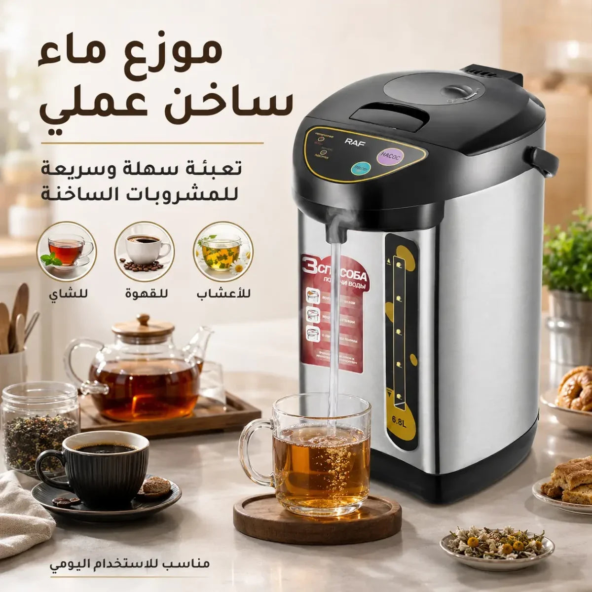غلاية كهربائية حرارية RAF سعة 6.8 لتر وموزع ماء ساخن - R.7905