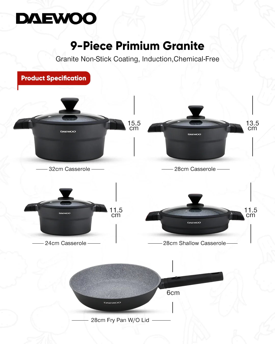 Daewoo 9-Piece Cookware Set – Die-Cast Aluminum, Granite Non-Stick Coating, Induction & Chemical-Free – 32cm (9.5L), 28cm (6.7L), 24cm (4.1L) Pots, 28cm Fry Pan with Removable Handle, 28cm Shallow Casserole, Black & Gray