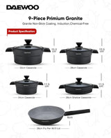Daewoo 9-Piece Cookware Set – Die-Cast Aluminum, Granite Non-Stick Coating, Induction & Chemical-Free – 32cm (9.5L), 28cm (6.7L), 24cm (4.1L) Pots, 28cm Fry Pan with Removable Handle, 28cm Shallow Casserole, Black & Gray