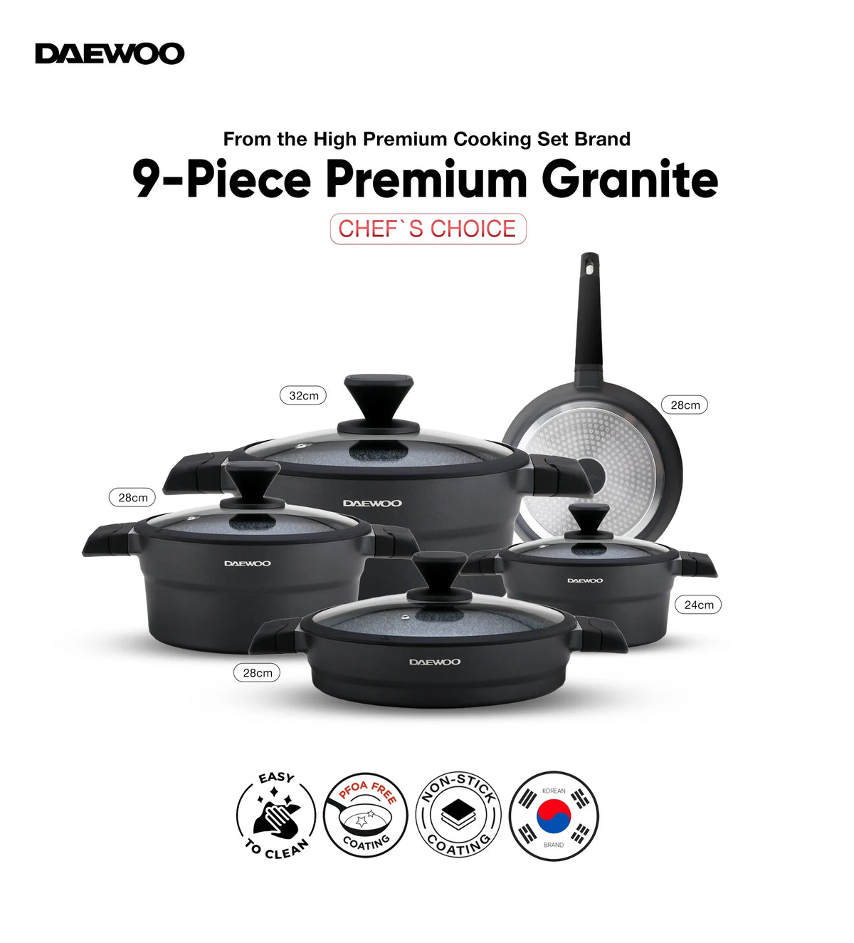 Daewoo 9-Piece Cookware Set – Die-Cast Aluminum, Granite Non-Stick Coating, Induction & Chemical-Free – 32cm (9.5L), 28cm (6.7L), 24cm (4.1L) Pots, 28cm Fry Pan with Removable Handle, 28cm Shallow Casserole, Black & Gray