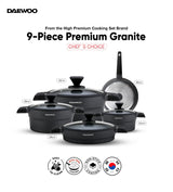 Daewoo 9-Piece Cookware Set – Die-Cast Aluminum, Granite Non-Stick Coating, Induction & Chemical-Free – 32cm (9.5L), 28cm (6.7L), 24cm (4.1L) Pots, 28cm Fry Pan with Removable Handle, 28cm Shallow Casserole, Black & Gray
