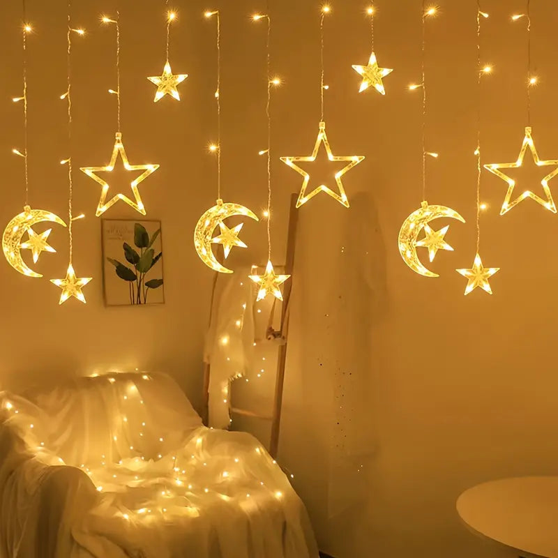 ستارة رمضان عصرية وعملية، مزينة بهلال ونجمة، مزودة بإضاءة LED ومقبس كهربائي (410 سم)