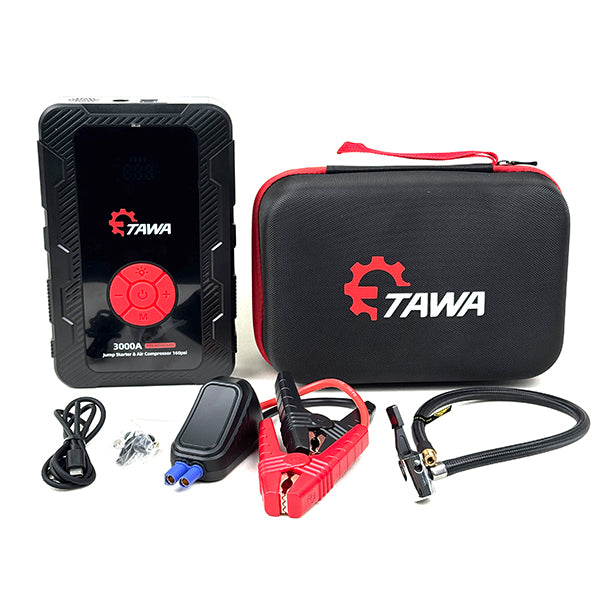 جهاز اشتراك البطارية ومنفاخ الإطار المحمول 3000 أمبير 12 فولت من تاوا موديل K71 (TAWA Jump Starter with Air Compressor 3000A 12V Model: K71)