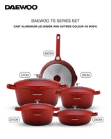 Daewoo Cast Aluminum 9-Piece Cookware Set (32cm Pot - 9.5L, 28cm Pot - 6.7L, 24cm Pot - 4.1L, 28cm Fry Pan - 2.5L, Red Shallow Casserole - 6.6L), 5-Layer Non-Stick Granite Coating, Silicone Utensils, Induction & Oven Safe, Chemical-Free