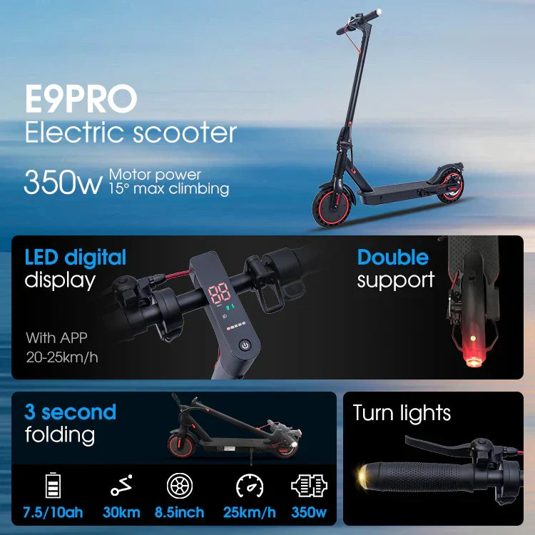 سكوتر كهربائي قابل للطي Zwheel E9Pro، سرعة قصوى 30 كم/ساعة، مقاس العجلة 8.5 بوصة، قوة المحرك 350 واط