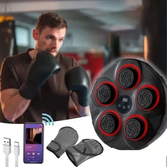 جهاز ملاكمة موسيقي يُثبّت على الحائط مع مكبر صوت بلوتوث