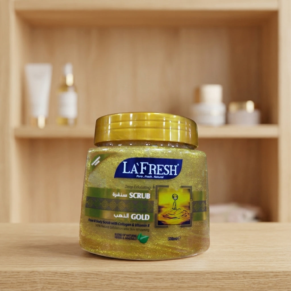 سنفرة الذهب للوجه والجسم بالكولاجين وفيتامين E من لافريش 500 مل (LA FRESH Gold Face &amp; Body Scrub with Collagen &amp; Vitamin E 500ml)