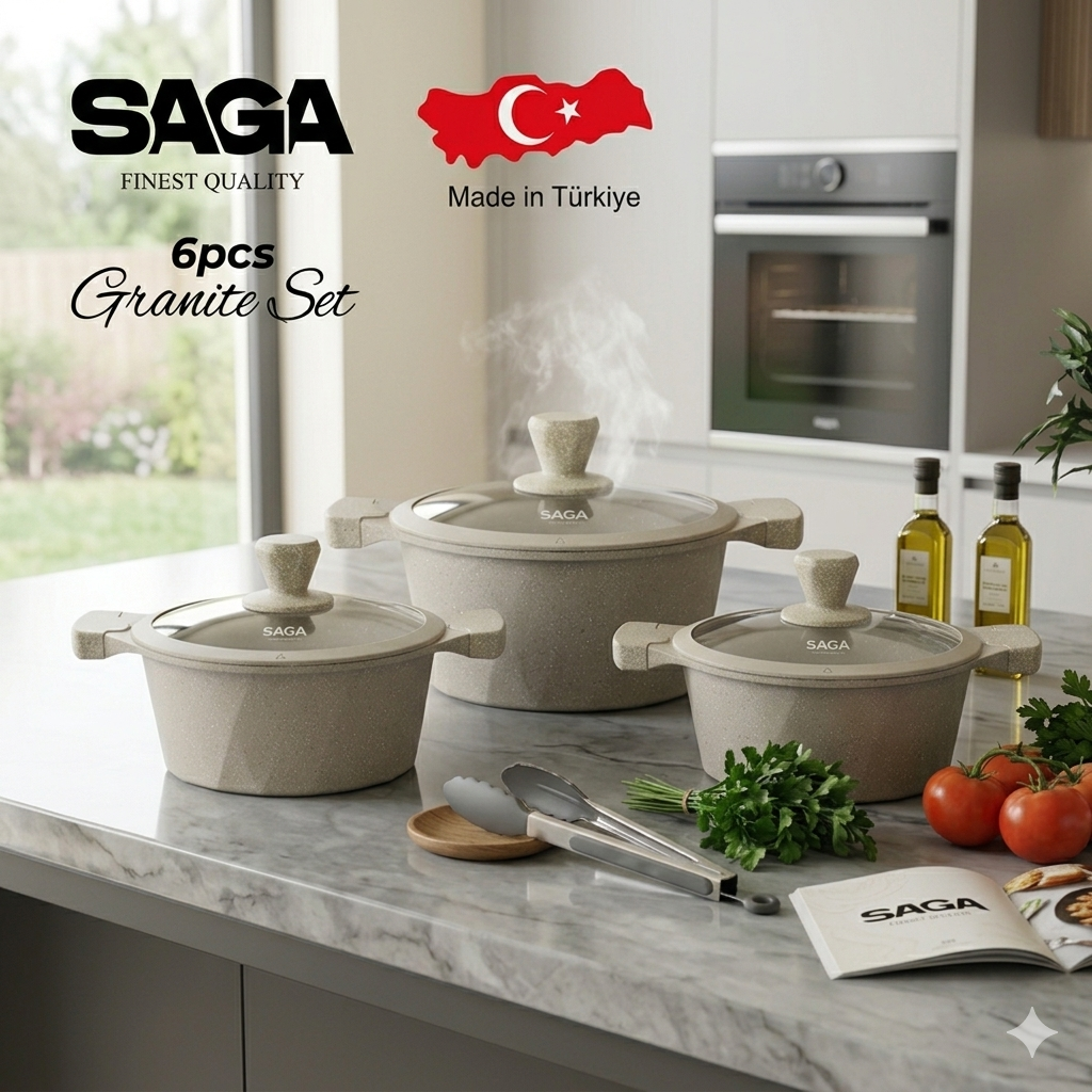طقم أواني طهي من الجرانيت التركي الفاخر من ساجا، 6 قطع - موديل SG-H1730