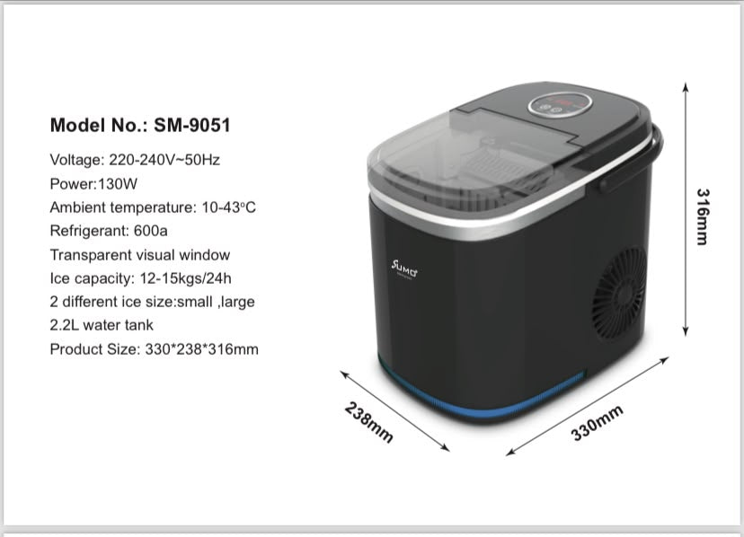صانعة ثلج منزلية ومكتبية بقدرة 130 واط وسعة خزان 2.2 لتر من سومو - SM-9051 (SUMO Home &amp; Office Ice Maker 130W SM-9051)