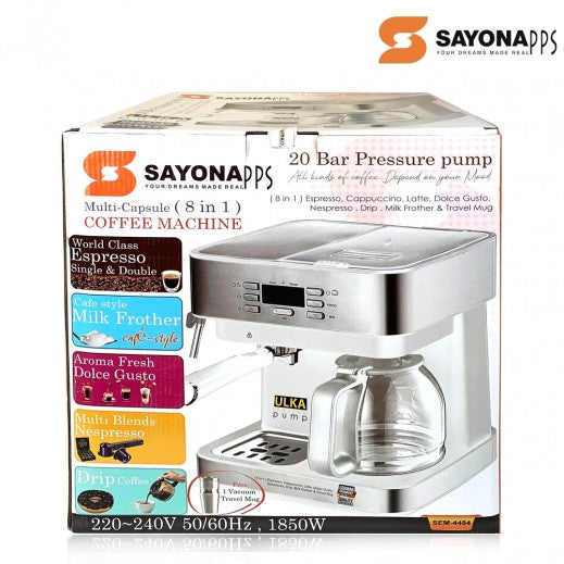 ماكينة تحضير القهوة والإسبريسو الشاملة 8 في 1 من سيونا بقوة 1850 واط وضغط 20 بار - SEM-4484 (Sayona 8-in-1 Coffee &amp; Espresso Machine 1850W 20 Bar)