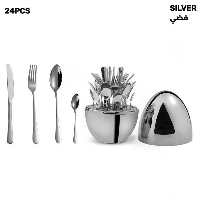 طقم فاخر من 24 قطعة مع بيضة مزاجية في علبة فضية اللون