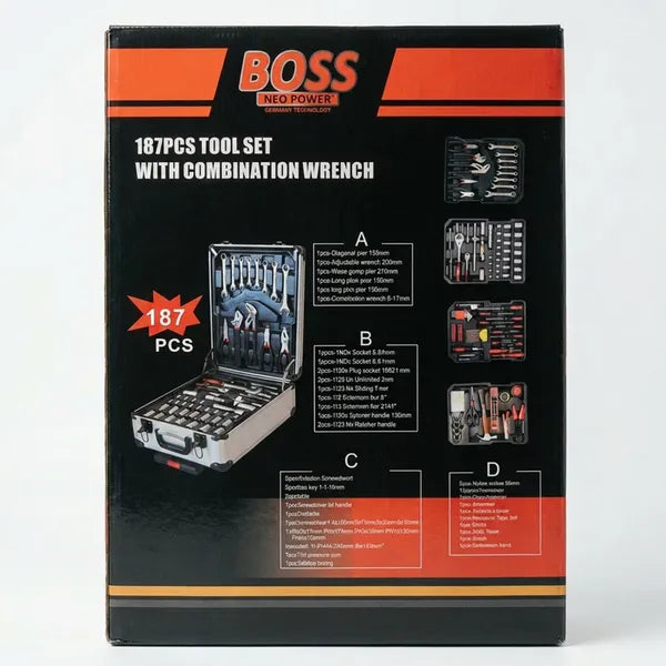حقيبة أدوات وعدة متكاملة 187 قطعة مع مفاتيح تركيب ومقبض جر - بأس تكنولوجيا ألمانية (BOSS Neo Power 187PCS Tool Set with Combination Wrench)
