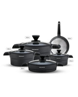 Daewoo 9-Piece Cookware Set – Die-Cast Aluminum, Granite Non-Stick Coating, Induction & Chemical-Free – 32cm (9.5L), 28cm (6.7L), 24cm (4.1L) Pots, 28cm Fry Pan with Removable Handle, 28cm Shallow Casserole, Black & Gray