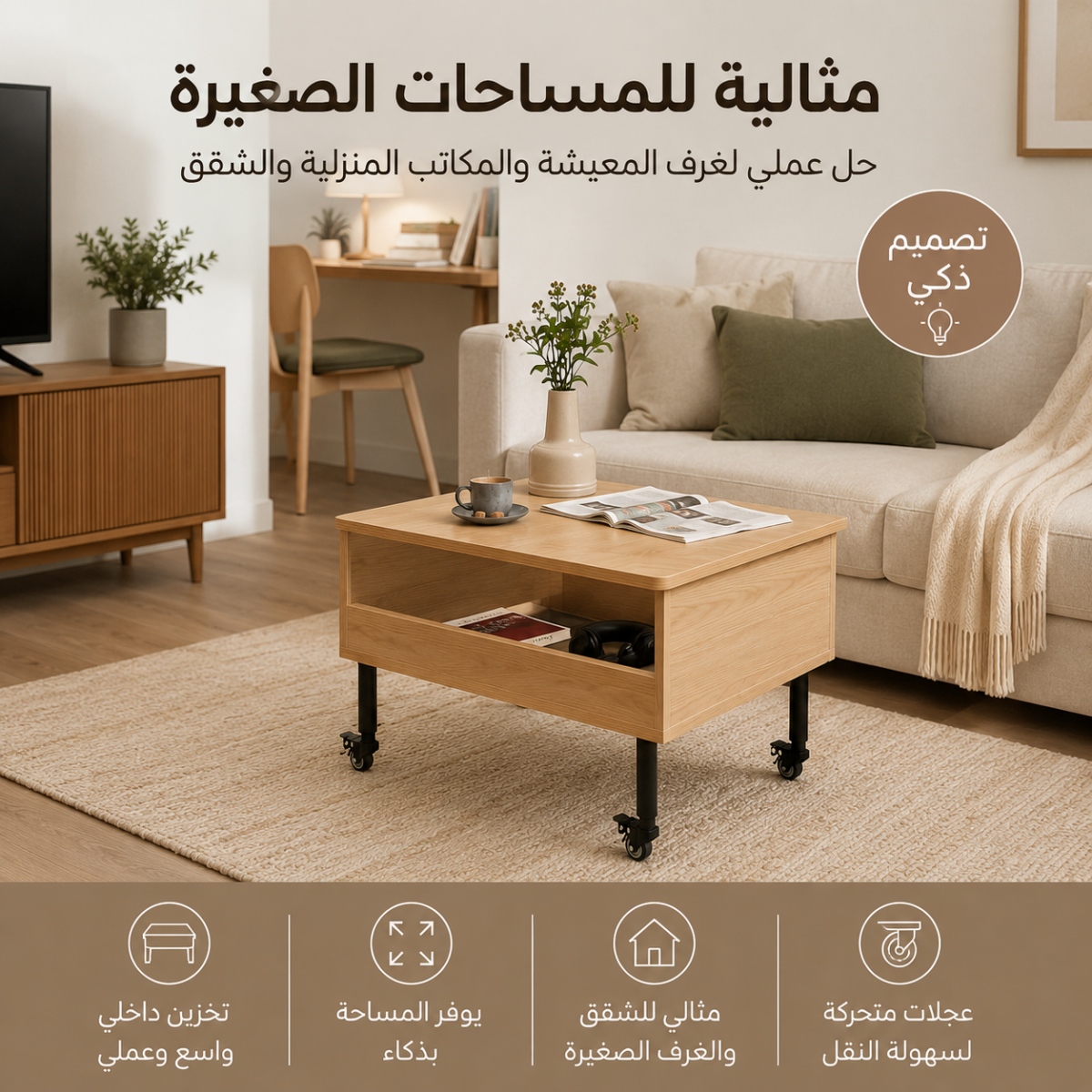 طاولة قهوة خشبية متعددة الاستخدامات بسطح قابل للرفع وعجلات ومساحة تخزين مخفية - مثالية لغرف المعيشة والمكاتب الصغيرة والمساحات الضيقة.