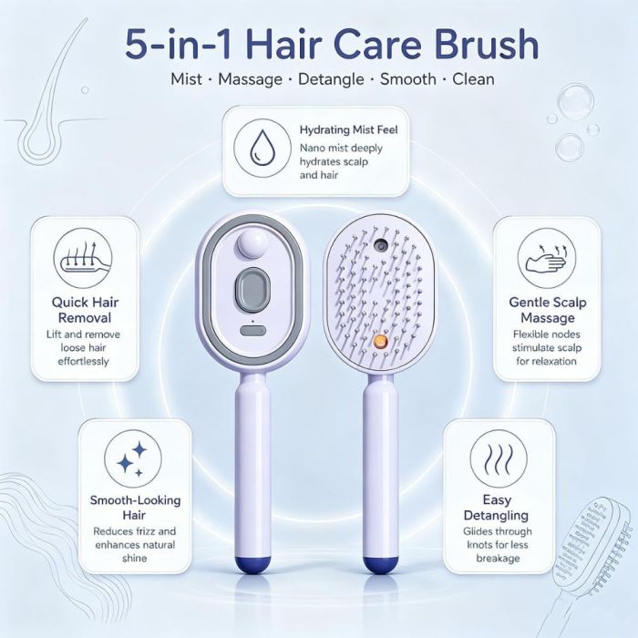فرشاة شعر 5 في 1 الذكية القابلة للشحن مع رذاذ نانو ومساج لفروة الرأس (5 in 1 Rechargeable Hair Brush with Nano Spray and Scalp Massage)