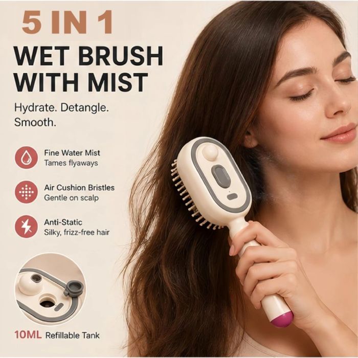 فرشاة شعر 5 في 1 الذكية القابلة للشحن مع رذاذ نانو ومساج لفروة الرأس (5 in 1 Rechargeable Hair Brush with Nano Spray and Scalp Massage)