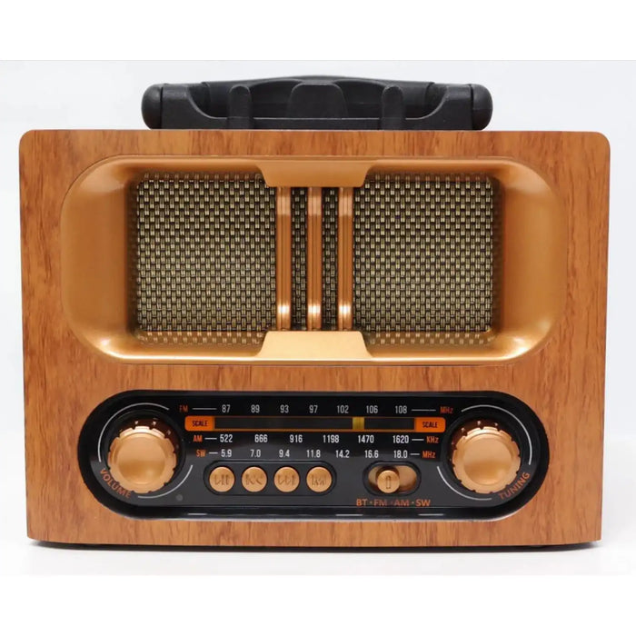 راديو ماير بتصميم خشبي كلاسيكي - بلوتوث، راديو FM/AM/SW، منفذ USB، بطاقة TF، مشغل MP3، مدخل AUX - قابل للشحن ببطارية 1200 مللي أمبير وخيار طاقة مزدوج - مكبر صوت بتصميم كلاسيكي - M-1931BT