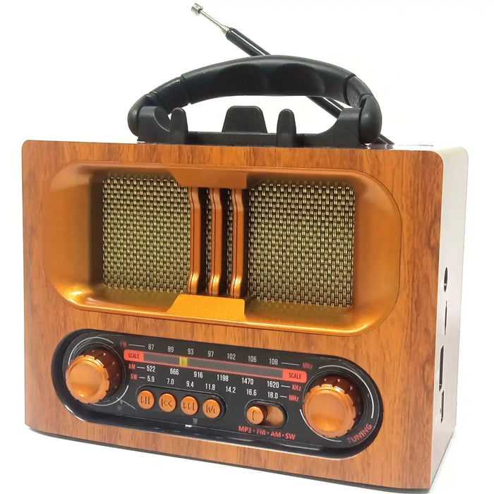 راديو ماير بتصميم خشبي كلاسيكي - بلوتوث، راديو FM/AM/SW، منفذ USB، بطاقة TF، مشغل MP3، مدخل AUX - قابل للشحن ببطارية 1200 مللي أمبير وخيار طاقة مزدوج - مكبر صوت بتصميم كلاسيكي - M-1931BT