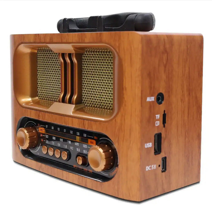 راديو ماير بتصميم خشبي كلاسيكي - بلوتوث، راديو FM/AM/SW، منفذ USB، بطاقة TF، مشغل MP3، مدخل AUX - قابل للشحن ببطارية 1200 مللي أمبير وخيار طاقة مزدوج - مكبر صوت بتصميم كلاسيكي - M-1931BT
