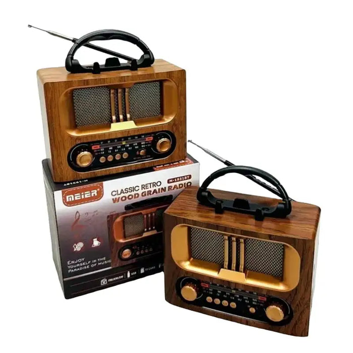 راديو ماير بتصميم خشبي كلاسيكي - بلوتوث، راديو FM/AM/SW، منفذ USB، بطاقة TF، مشغل MP3، مدخل AUX - قابل للشحن ببطارية 1200 مللي أمبير وخيار طاقة مزدوج - مكبر صوت بتصميم كلاسيكي - M-1931BT