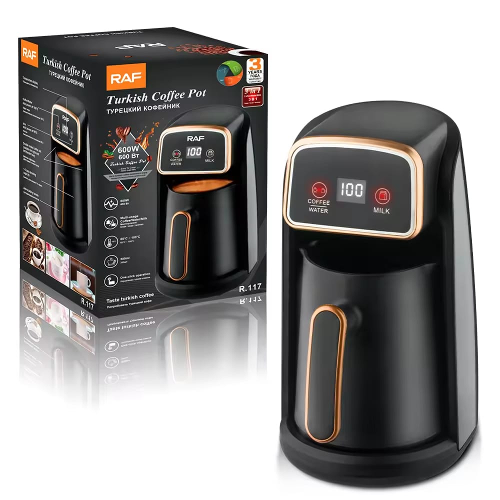 ماكينة القهوة التركية وتدفئة الحليب RAF سعة 300 مل بقوة 600 واط مع شاشة رقمية (الموديل R.117)